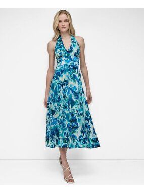 DKNY Women's Cotton Halter V-Neck Tie-Back Midi Dress Blue Size 14 MSRP $149